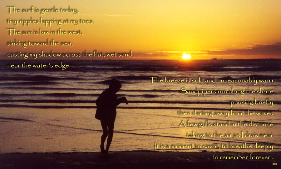 Girl walking in ocean at sunset with poem about the surf